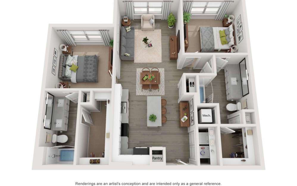 Della-Affordable 80 - 2 bedroom floorplan layout with 2 baths and 1120 to 1150 square feet.