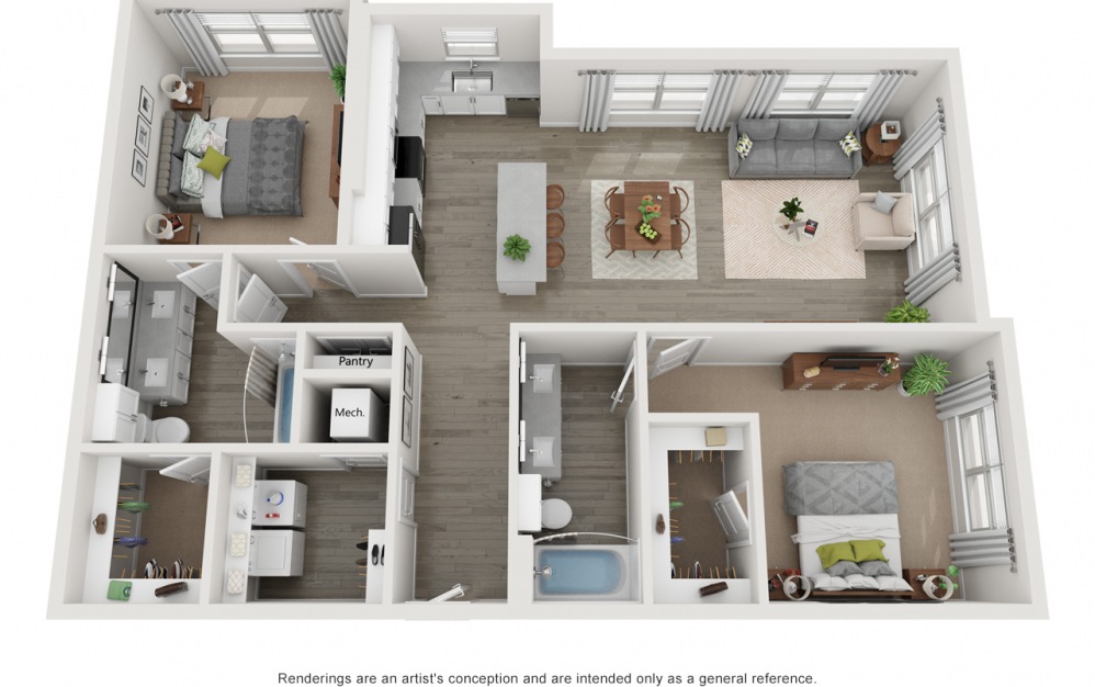 Hunter - 2 bedroom floorplan layout with 2 baths and 1264 square feet.