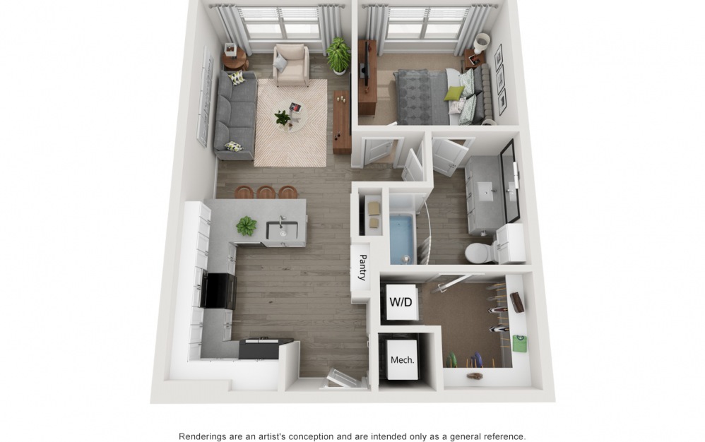 Collins-Affordable 80 - 1 bedroom floorplan layout with 1 bath and 650 to 677 square feet.